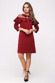 Платье бордового цвета с воланом и сеткой на плечах Линнет It Elle 5946
