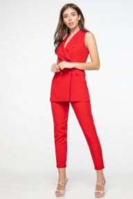 Брючный летний красный костюм с длинным жилетом Макария It Elle 3016