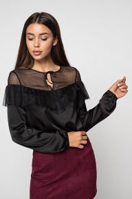 Черная шелковая блуза с рюшей из фатина в горох Лола It Elle 21172